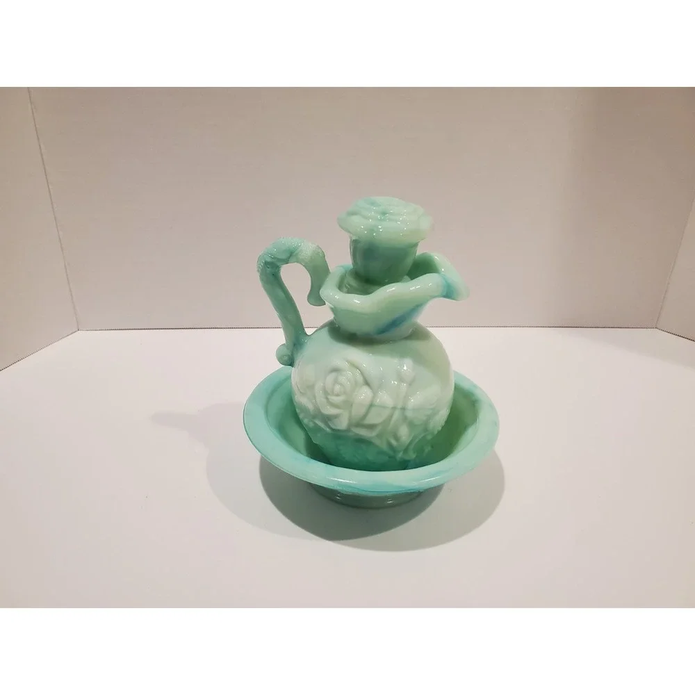 Vintage AVON Turquoise Green Milk Glass Cruet W/Embossed Rose Pattern & Stopper